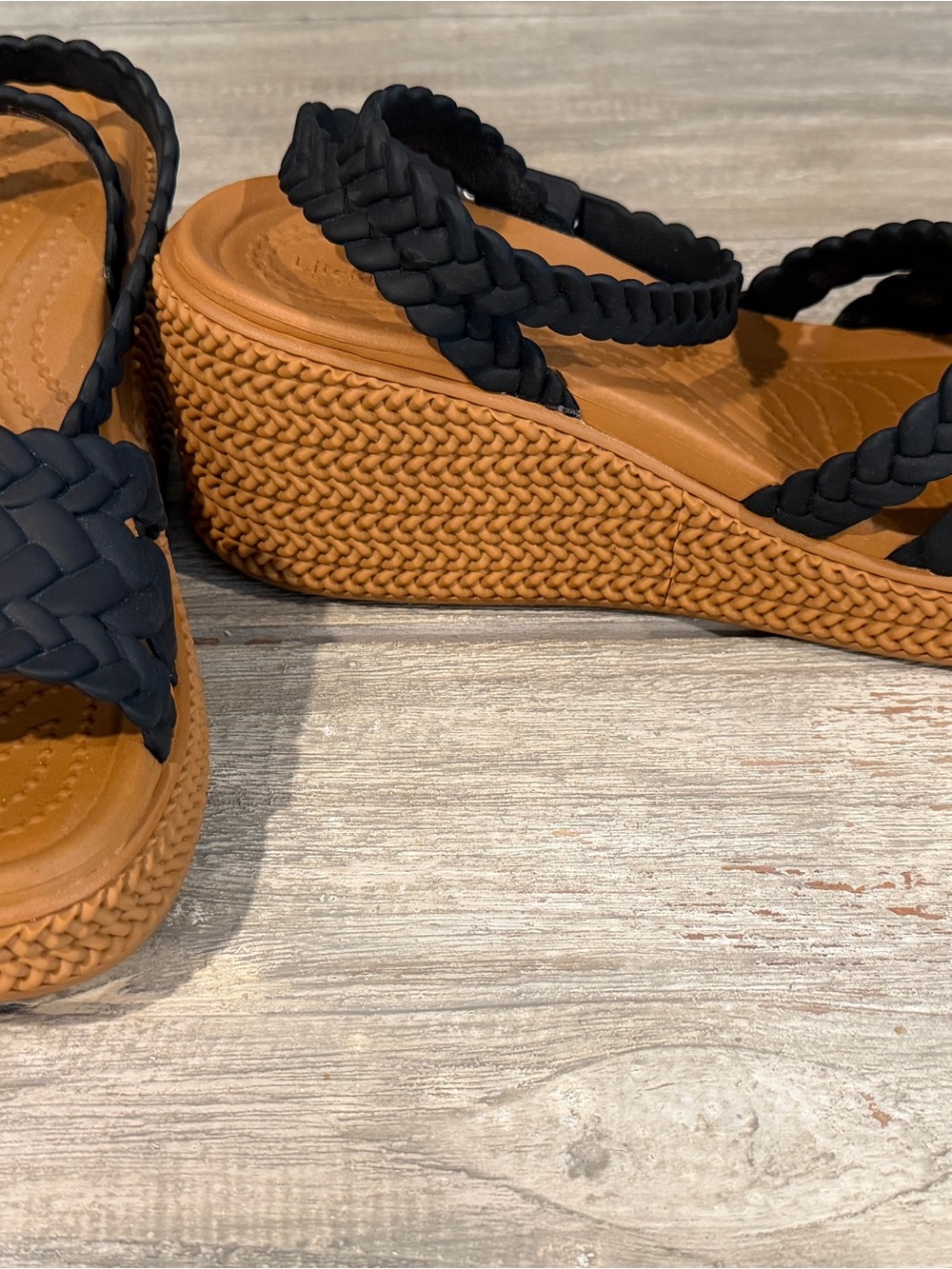 CROCS Women's Black Braided Strap Sandals with Tan Footbed - Picture 2 of 3